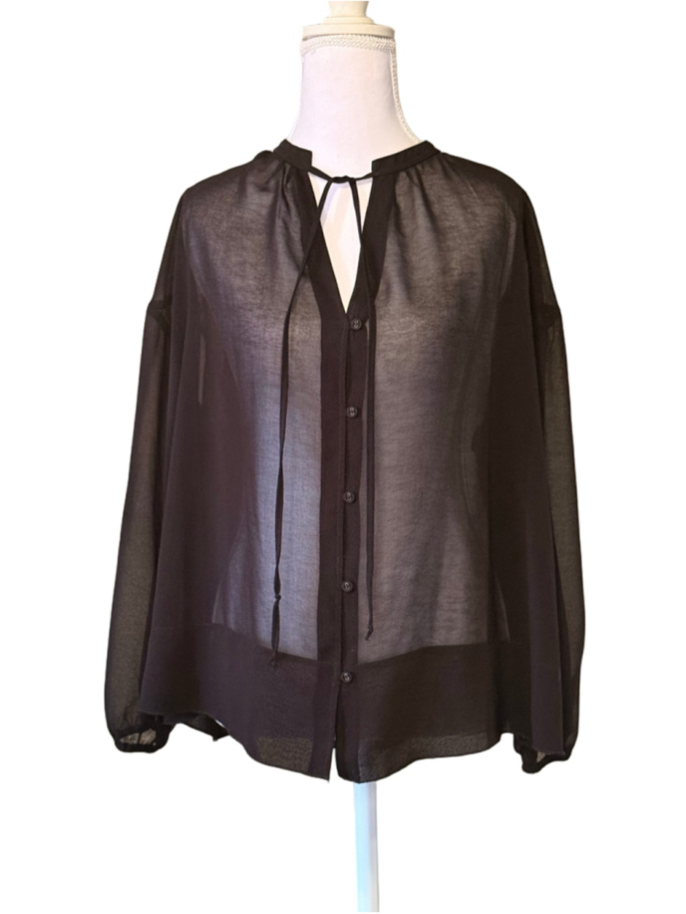 Express Black Sheer Chiffon Tie Neck Button Front Blouse Top Siz